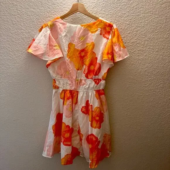 Hello Molly Floral Mini Dress Orange Pink Tie Front Boho Cottagecore L - Picture 5 of 11